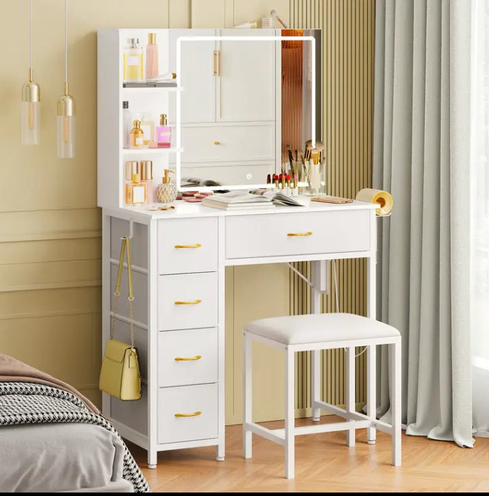 Elegant White LED-Lighted Vanity Dressing Table with Mirror & Storage