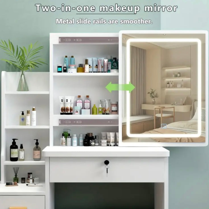 Modern White LED Makeup Vanity Table with Mirror, Stool & Drawers – Lighted Dressing Table Set for Bedroom