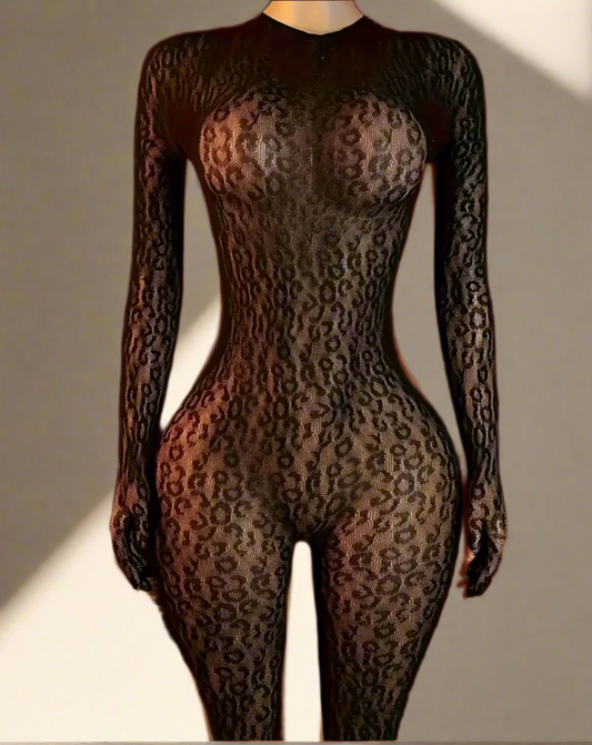 Kim Kardashian Inspired Black Cheetah Print Fishnet Bodysuit