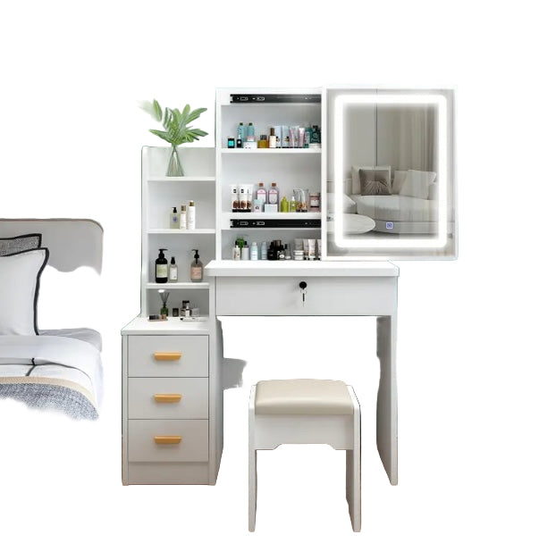 Modern White LED Makeup Vanity Table with Mirror, Stool & Drawers – Lighted Dressing Table Set for Bedroom