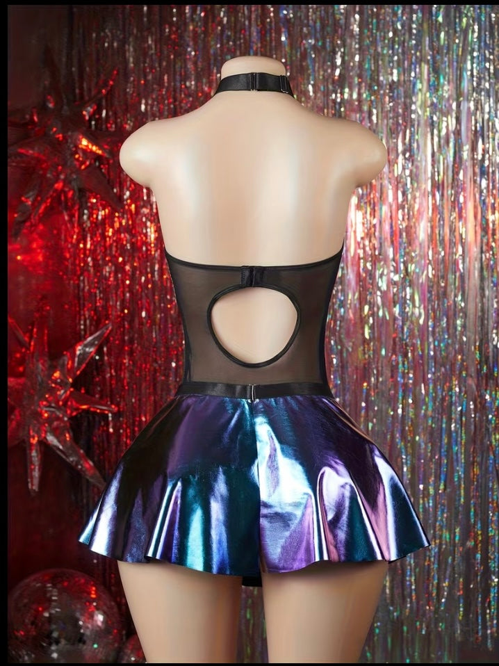 Iridescent Harness Skater Dress | Holographic Festival & Clubwear Mini Dress