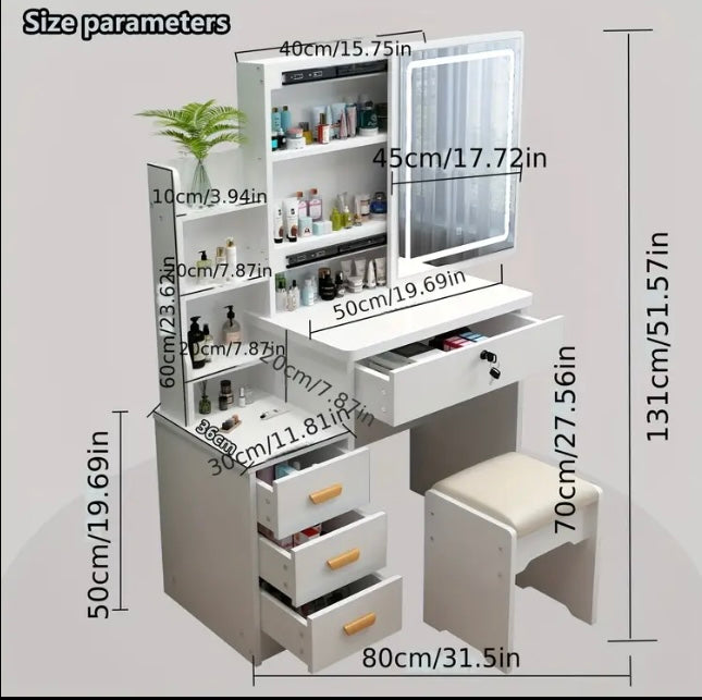 Modern White LED Makeup Vanity Table with Mirror, Stool & Drawers – Lighted Dressing Table Set for Bedroom