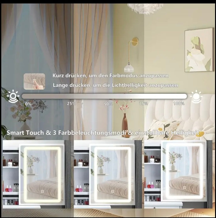 Modern White LED Makeup Vanity Table with Mirror, Stool & Drawers – Lighted Dressing Table Set for Bedroom