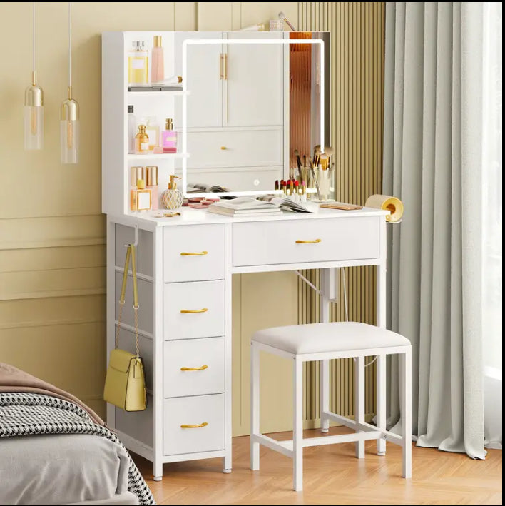 Elegant White LED-Lighted Vanity Dressing Table with Mirror & Storage