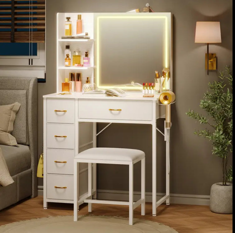 Elegant White LED-Lighted Vanity Dressing Table with Mirror & Storage