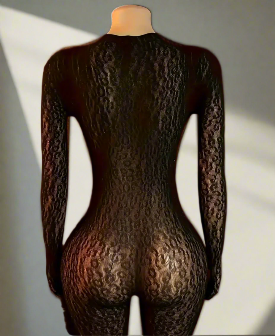 Kim Kardashian Inspired Black Cheetah Print Fishnet Bodysuit