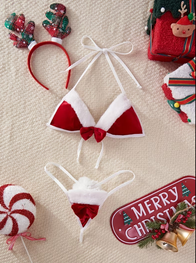 Red faux fur holiday lingerie two piece
