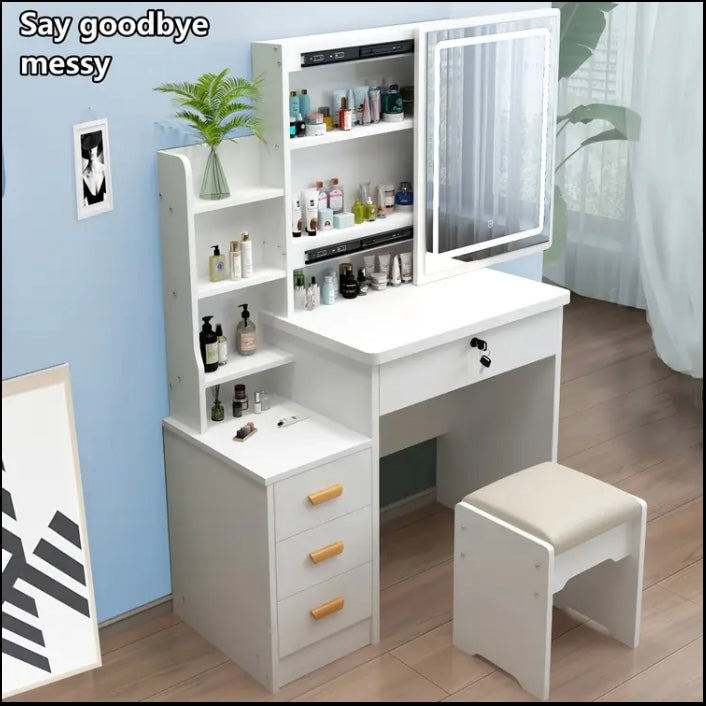 Modern White LED Makeup Vanity Table with Mirror, Stool & Drawers – Lighted Dressing Table Set for Bedroom