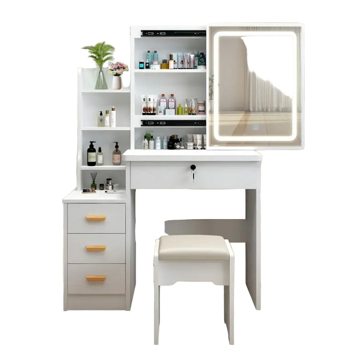 Modern White LED Makeup Vanity Table with Mirror, Stool & Drawers – Lighted Dressing Table Set for Bedroom